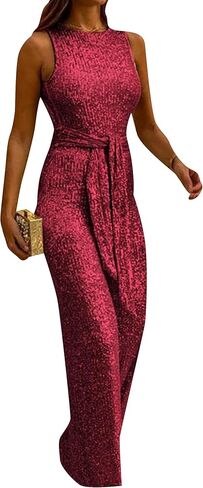 GORIFE Women's Trendy Crewneck Sequins Rompers Fashion Flowy Wide Leg Jumpsuits Sparkly Belted One Piece Outfits in Kuwait