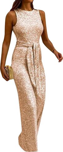 GORIFE Women's Trendy Crewneck Sequins Rompers Fashion Flowy Wide Leg Jumpsuits Sparkly Belted One Piece Outfits in Kuwait