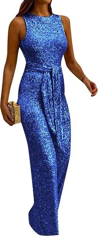 GORIFE Women's Trendy Crewneck Sequins Rompers Fashion Flowy Wide Leg Jumpsuits Sparkly Belted One Piece Outfits in Kuwait