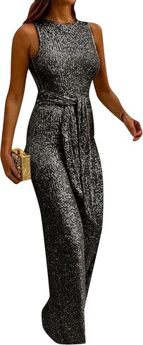 GORIFE Women's Trendy Crewneck Sequins Rompers Fashion Flowy Wide Leg Jumpsuits Sparkly Belted One Piece Outfits in Kuwait