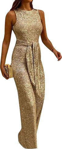GORIFE Women's Trendy Crewneck Sequins Rompers Fashion Flowy Wide Leg Jumpsuits Sparkly Belted One Piece Outfits in Kuwait