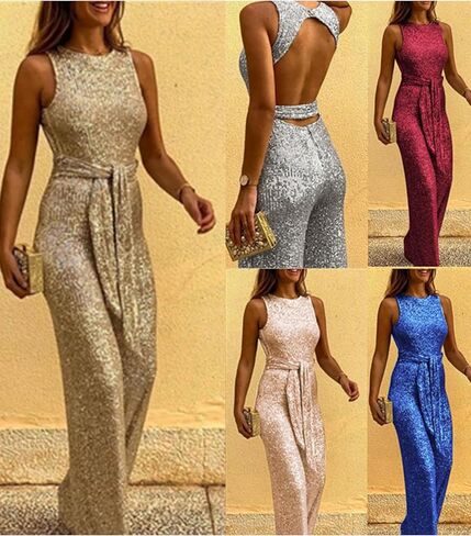 GORIFE Women's Trendy Crewneck Sequins Rompers Fashion Flowy Wide Leg Jumpsuits Sparkly Belted One Piece Outfits in Kuwait