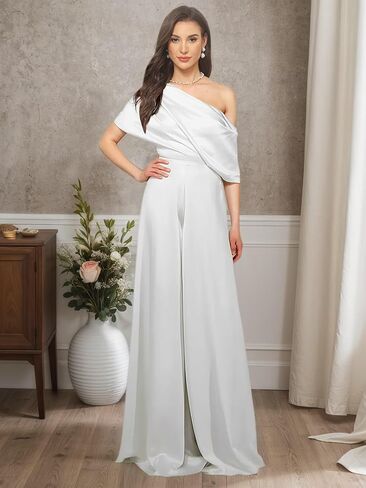 One Shoulder Mother of The Bride Jumpsuits for Wedding Satin Short Sleeves Pantsuits Wide Leg Long Evening Pant Suits in Saudi Arabia