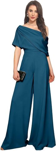 One Shoulder Mother of The Bride Jumpsuits for Wedding Satin Short Sleeves Pantsuits Wide Leg Long Evening Pant Suits in Saudi Arabia
