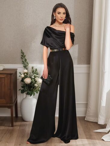 One Shoulder Mother of The Bride Jumpsuits for Wedding Satin Short Sleeves Pantsuits Wide Leg Long Evening Pant Suits in Saudi Arabia