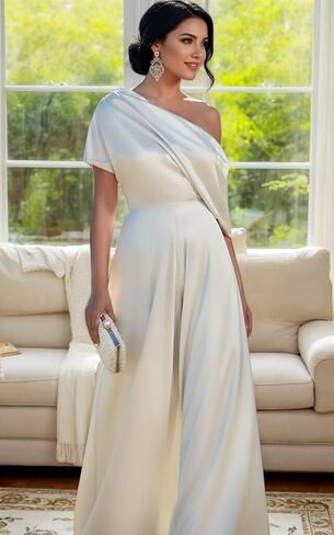 One Shoulder Mother of The Bride Jumpsuits for Wedding Satin Short Sleeves Pantsuits Wide Leg Long Evening Pant Suits in Saudi Arabia