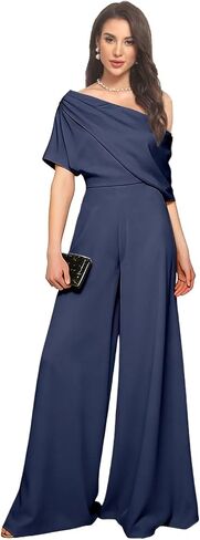 One Shoulder Mother of The Bride Jumpsuits for Wedding Satin Short Sleeves Pantsuits Wide Leg Long Evening Pant Suits in Saudi Arabia