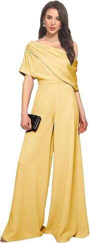One Shoulder Mother of The Bride Jumpsuits for Wedding Satin Short Sleeves Pantsuits Wide Leg Long Evening Pant Suits in Saudi Arabia