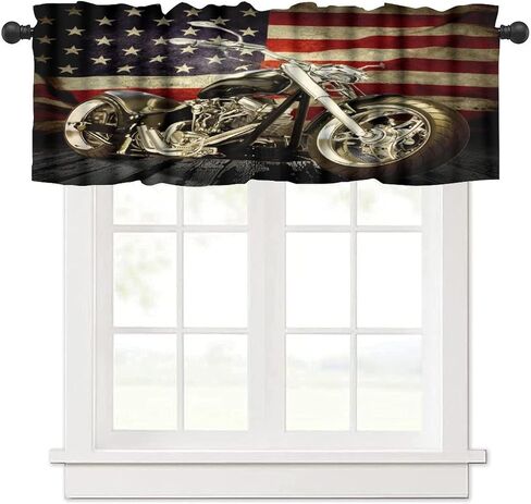 الرجعية دراجة نارية الستارة الستارة لكهف الرجل، خمر علم الولايات المتحدة الأمريكية أنيق وطني راكب الدراجة النارية دراجة نارية ديكور نافذة العلاجات، قضيب جيب الستارة للصبي في سن المراهقة غرفة نوم المطبخ، 54x18in 1P in Kuwait
