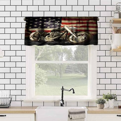 الرجعية دراجة نارية الستارة الستارة لكهف الرجل، خمر علم الولايات المتحدة الأمريكية أنيق وطني راكب الدراجة النارية دراجة نارية ديكور نافذة العلاجات، قضيب جيب الستارة للصبي في سن المراهقة غرفة نوم المطبخ، 54x18in 1P in Kuwait