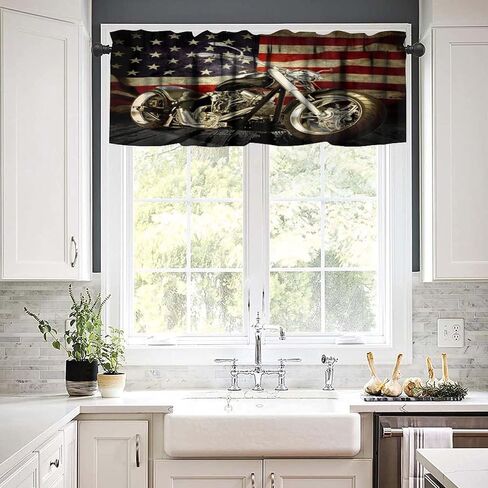الرجعية دراجة نارية الستارة الستارة لكهف الرجل، خمر علم الولايات المتحدة الأمريكية أنيق وطني راكب الدراجة النارية دراجة نارية ديكور نافذة العلاجات، قضيب جيب الستارة للصبي في سن المراهقة غرفة نوم المطبخ، 54x18in 1P in Kuwait
