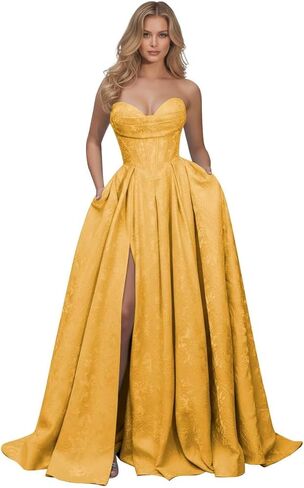 Jacquard Floral Satin Prom Dresses for Women 2026 Strapless A-Line Long Formal Evening Party Gown with Pockets in Saudi Arabia