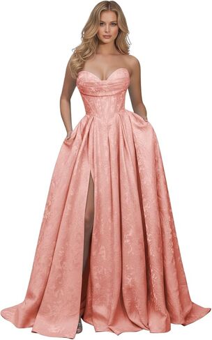 Jacquard Floral Satin Prom Dresses for Women 2026 Strapless A-Line Long Formal Evening Party Gown with Pockets in Saudi Arabia