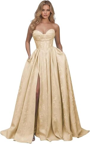 Jacquard Floral Satin Prom Dresses for Women 2026 Strapless A-Line Long Formal Evening Party Gown with Pockets in Saudi Arabia