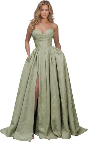 Jacquard Floral Satin Prom Dresses for Women 2026 Strapless A-Line Long Formal Evening Party Gown with Pockets in Saudi Arabia