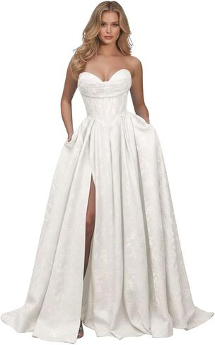 Jacquard Floral Satin Prom Dresses for Women 2026 Strapless A-Line Long Formal Evening Party Gown with Pockets in Saudi Arabia