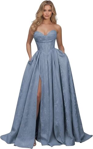 Jacquard Floral Satin Prom Dresses for Women 2026 Strapless A-Line Long Formal Evening Party Gown with Pockets in Saudi Arabia