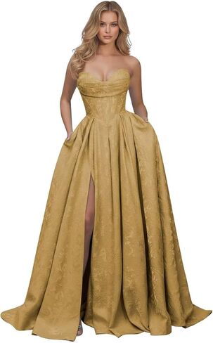 Jacquard Floral Satin Prom Dresses for Women 2026 Strapless A-Line Long Formal Evening Party Gown with Pockets in Saudi Arabia