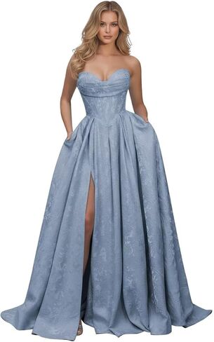 Jacquard Floral Satin Prom Dresses for Women 2026 Strapless A-Line Long Formal Evening Party Gown with Pockets in Saudi Arabia