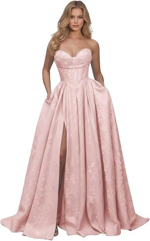 Jacquard Floral Satin Prom Dresses for Women 2026 Strapless A-Line Long Formal Evening Party Gown with Pockets in Saudi Arabia