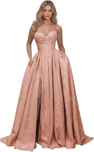 Jacquard Floral Satin Prom Dresses for Women 2026 Strapless A-Line Long Formal Evening Party Gown with Pockets in Saudi Arabia