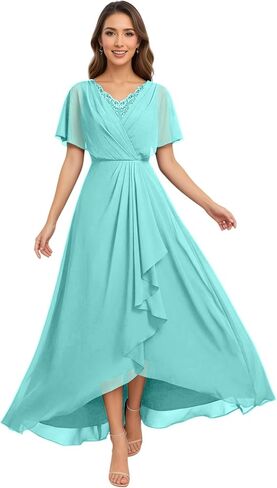 V-Neck Appliques Mother of The Brides Dresses Long Ruched Chiffon Formal Party Dress with Pockets in Saudi Arabia