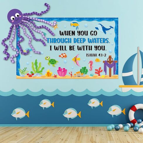 Christian Religious Under The Sea Bulletin Board Set Bible Verse Back to School Ocean Sea Animal Classroom Bulletin Board Decorations DIY 3D Octopus Cutouts for Sunday School VBS Chalkboard Wall Decor in Saudi Arabia