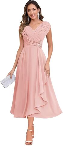 فساتين أم العروس من HYY سباركلي للنساء، فستان شيفون مكشكش وأكمام قصيرة لحفلات الزفاف الرسمية in Kuwait