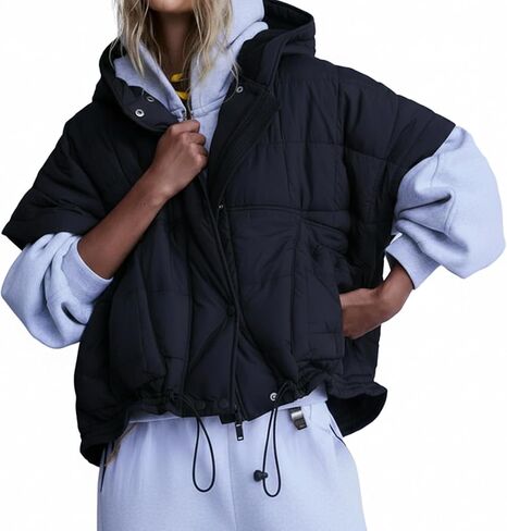 Women's Quilted Puffer Vest with Zip Up Hoodie Oversized Short Sleeves Jacket Casual Outdoor Gilet Outerwear in Saudi Arabia