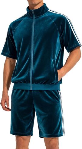 Mens Velour Tracksuit 2 Piece Outfit Short Sleeve Full Zip Jacket and Shorts Set Summer Casual Loungewear in Saudi Arabia