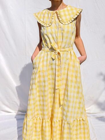HOULENGS Women's Summer Plaid Sleeveless Maxi Dress Casual Ruffle Flowy A-Line Beach Gingham Long Sundress with Pockets in Saudi Arabia