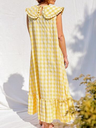 HOULENGS Women's Summer Plaid Sleeveless Maxi Dress Casual Ruffle Flowy A-Line Beach Gingham Long Sundress with Pockets in Saudi Arabia