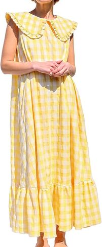 HOULENGS Women's Summer Plaid Sleeveless Maxi Dress Casual Ruffle Flowy A-Line Beach Gingham Long Sundress with Pockets in Saudi Arabia