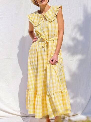HOULENGS Women's Summer Plaid Sleeveless Maxi Dress Casual Ruffle Flowy A-Line Beach Gingham Long Sundress with Pockets in Saudi Arabia