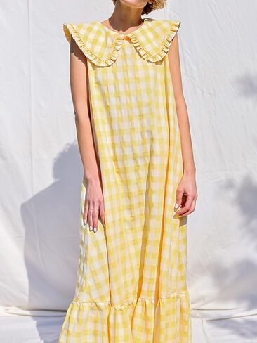 HOULENGS Women's Summer Plaid Sleeveless Maxi Dress Casual Ruffle Flowy A-Line Beach Gingham Long Sundress with Pockets in Saudi Arabia