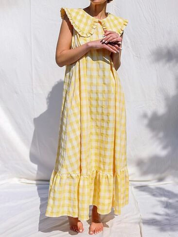 HOULENGS Women's Summer Plaid Sleeveless Maxi Dress Casual Ruffle Flowy A-Line Beach Gingham Long Sundress with Pockets in Saudi Arabia