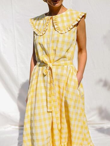 HOULENGS Women's Summer Plaid Sleeveless Maxi Dress Casual Ruffle Flowy A-Line Beach Gingham Long Sundress with Pockets in Saudi Arabia