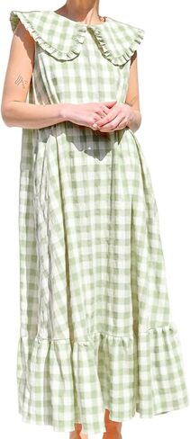 HOULENGS Women's Summer Plaid Sleeveless Maxi Dress Casual Ruffle Flowy A-Line Beach Gingham Long Sundress with Pockets in Saudi Arabia