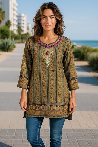 Digital Print Pure Cotton Round Neck tunic, Long Sleeves, Short Kurti Top - 1081-L in Saudi Arabia