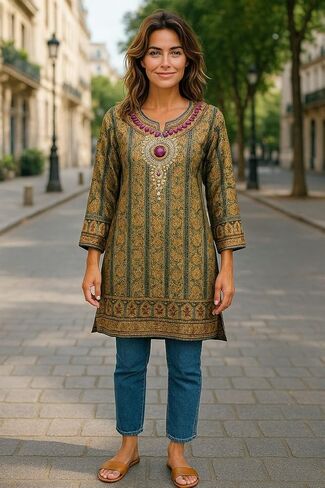 Digital Print Pure Cotton Round Neck tunic, Long Sleeves, Short Kurti Top - 1081-L in Saudi Arabia