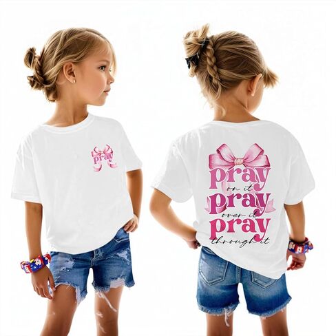 Girl's Christian Jesus Shirts Bow God Faith Religious T Shirts Kids Bible Verse Pray On It Cute Graphic Tees Tops in Saudi Arabia