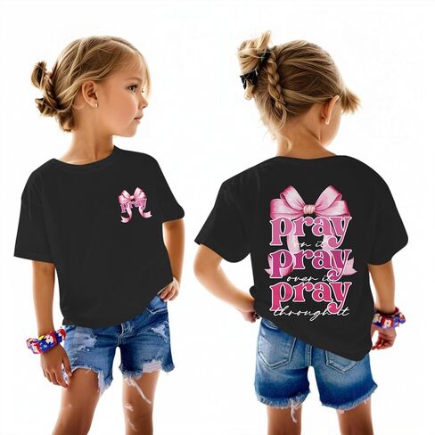 Girl's Christian Jesus Shirts Bow God Faith Religious T Shirts Kids Bible Verse Pray On It Cute Graphic Tees Tops in Saudi Arabia