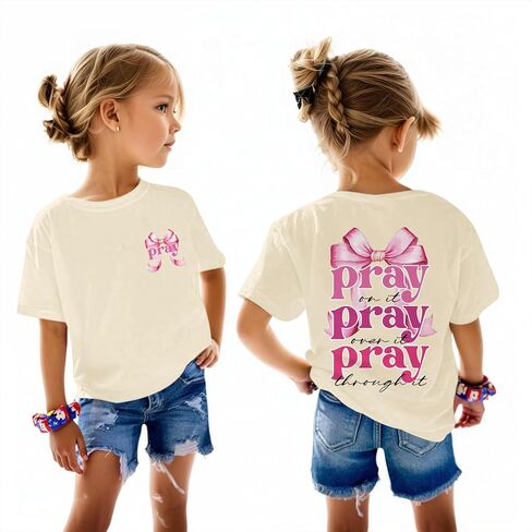 Girl's Christian Jesus Shirts Bow God Faith Religious T Shirts Kids Bible Verse Pray On It Cute Graphic Tees Tops in Saudi Arabia