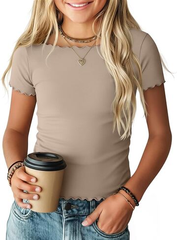 Girl’s Short Sleeve Shirts Lettuce Trim Boat Neck Tops Summer Casual Tee Basic Cute T-Shirts 5-16 Years in Saudi Arabia