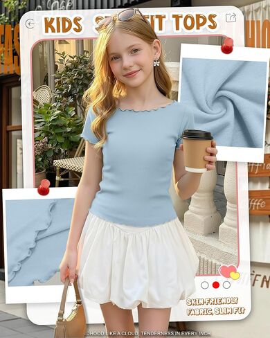 Girl’s Short Sleeve Shirts Lettuce Trim Boat Neck Tops Summer Casual Tee Basic Cute T-Shirts 5-16 Years in Saudi Arabia