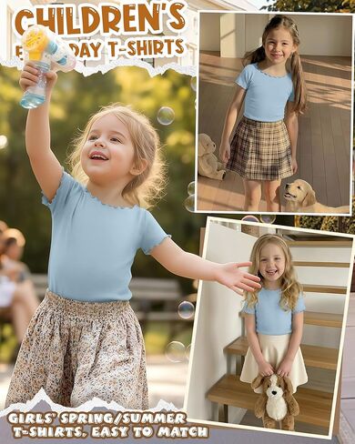 Girl’s Short Sleeve Shirts Lettuce Trim Boat Neck Tops Summer Casual Tee Basic Cute T-Shirts 5-16 Years in Saudi Arabia