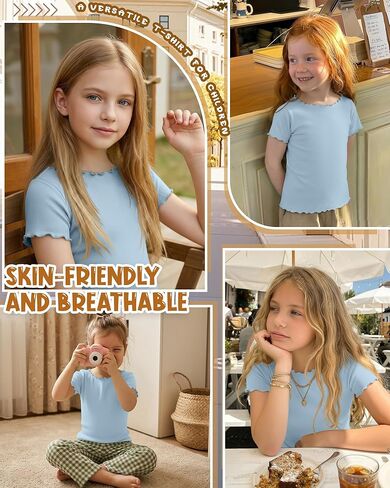 Girl’s Short Sleeve Shirts Lettuce Trim Boat Neck Tops Summer Casual Tee Basic Cute T-Shirts 5-16 Years in Saudi Arabia