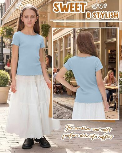 Girl’s Short Sleeve Shirts Lettuce Trim Boat Neck Tops Summer Casual Tee Basic Cute T-Shirts 5-16 Years in Saudi Arabia