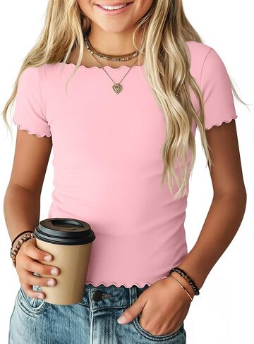 Girl’s Short Sleeve Shirts Lettuce Trim Boat Neck Tops Summer Casual Tee Basic Cute T-Shirts 5-16 Years in Saudi Arabia