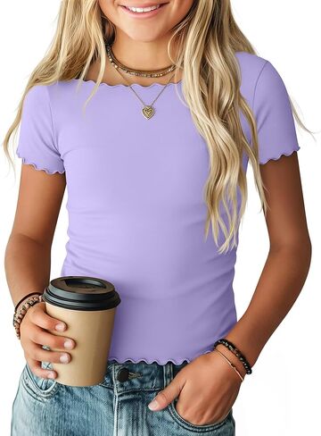 Girl’s Short Sleeve Shirts Lettuce Trim Boat Neck Tops Summer Casual Tee Basic Cute T-Shirts 5-16 Years in Saudi Arabia